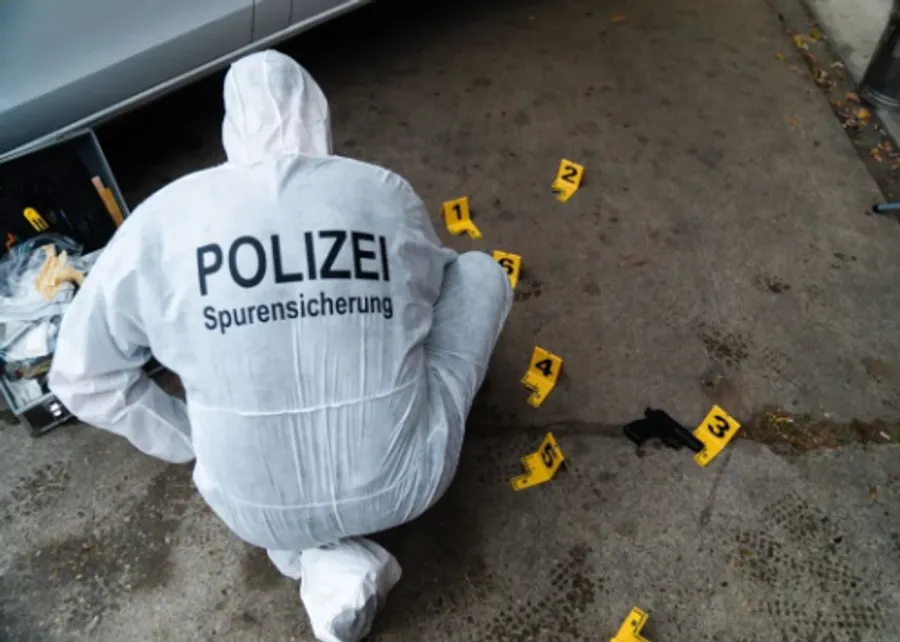 Eine Person in einem weißen Forensikanzug mit der Aufschrift „Polizei" untersucht im Freien Beweise